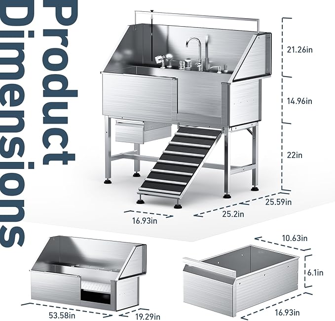 Professional 56" Dog Washing Station, 304 Stainless Steel Dog Bathing Station, Height Adjustable Dog Grooming Tub w/Ramp, Storage Drawer, Dog Bathtub for Large, Medium&Small Dogs (Right Ramp)