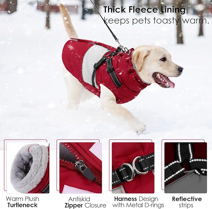 AOFITEE Dog Coat, Large Dog Jacket, Dogs Coat with Harness Built in, Reflective Waterproof Dogs Jackets Winter with Furry Collar, Warm Polar Fleece Pet Sweater Snowsuit for Doberman, Great Dane, XXL