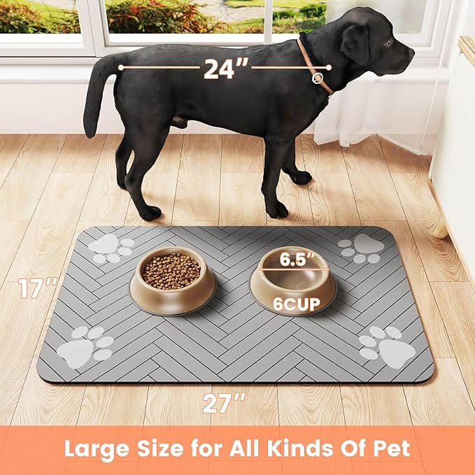 Pet Feeding Mat-Absorbent Pet Placemat for Food and Water Bowl, with Waterproof Rubber Backing, Quick Dry Water Dispenser Mat for Dog and Cat (24"x16", Striped Light Gray)