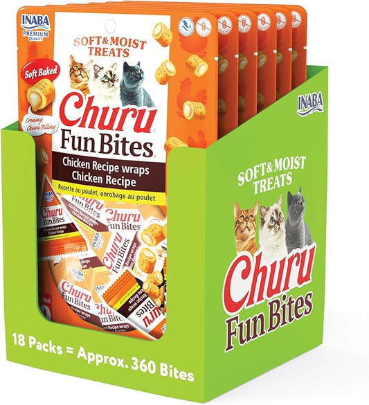 INABA Churu Fun Bites for Cats, Soft & Chewy Cat Treats with Taurine, 0.42 Ounces Each Tetra, 18 Tetras (3 per Bag), Chicken Recipe
