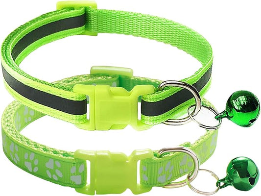 CHBORCHICEN 2-Pack Footprint & Reflective Cat Collar with Bell Basic Dog Cat Collar Buckle Adjustable Polyester Cat Dog Collar or Seatbelts (X-Small, Fluorescent Green)