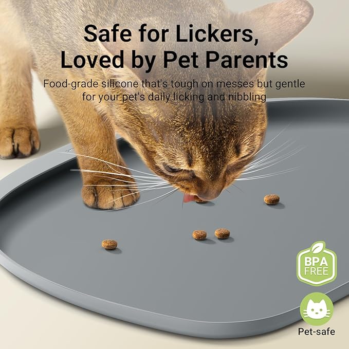 DownyPaws Cat Food Mats for Floors Waterproof, BPA Free Silicone Pet Feeding Mat, Non-Slip Pet Food Mat with High Raised Edge, Cat Placemat for Messy Drinkers, 18"×12.5", Gray