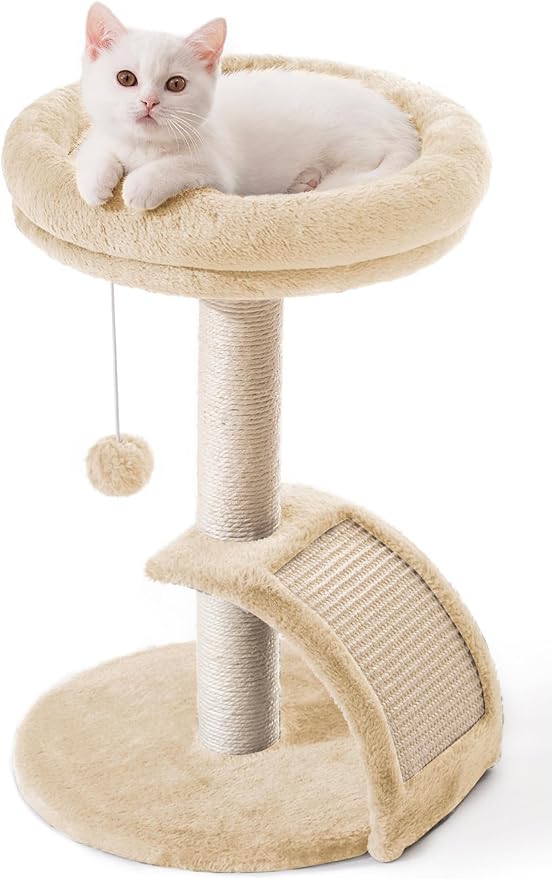 Cat Scratching Post Tower for Indoor Cats, Small Cat Tree Tower with Bed and Hanging Ball Toys, Short Modern Carpet Kitten Scratcher Stand with Large Round Perch and Scratch Ramp (Beige)