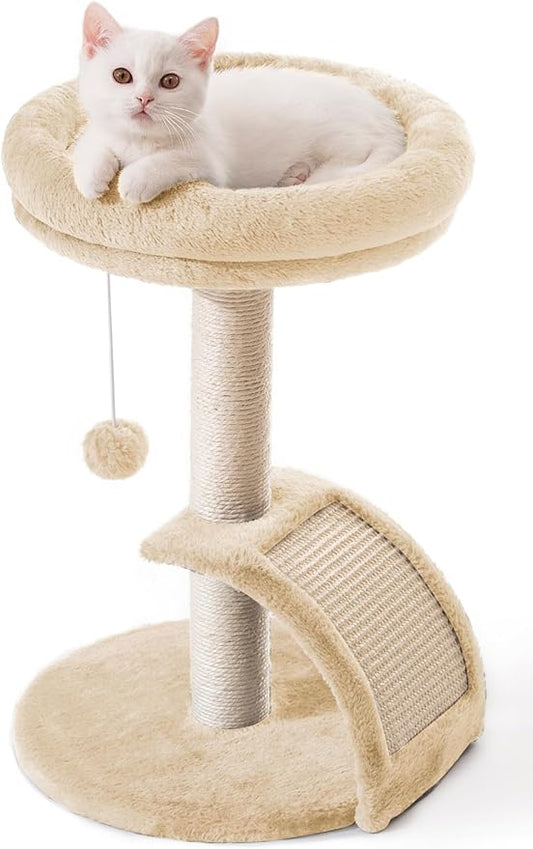 Cat Scratching Post Tower for Indoor Cats, Small Cat Tree Tower with Bed and Hanging Ball Toys, Short Modern Carpet Kitten Scratcher Stand with Large Round Perch and Scratch Ramp (Beige)