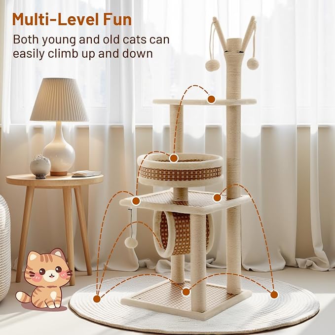 Tall Heavy Duty Rattan Cat Tree Hammock with Scratching Post,Basket,Bed,and Stand Modern Cat Climbing Tower Condo for Indoor Large Adult Cat