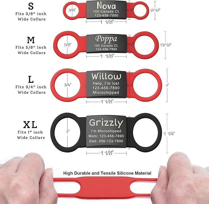Anavia Slide On Silent Pet ID Tags, S/M/L/XL Personalized Black Stainless Steel Colored Silicone Cat Dog Name Tag, Customized Engraved Nameplate, Quiet Chew-Proof Pet Collar Tag (Pink, X-Large)