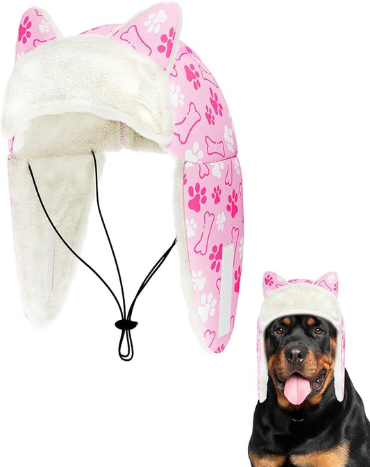 PET SHOW Dog Trapper Hat Winter Hat for Medium Large Dogs Warm Fleece Aviator Hats with Ear Flaps Adjustable Outdoor Girl Pet Pilot Costume Cap L-Pink Paw/Without Ear Holes