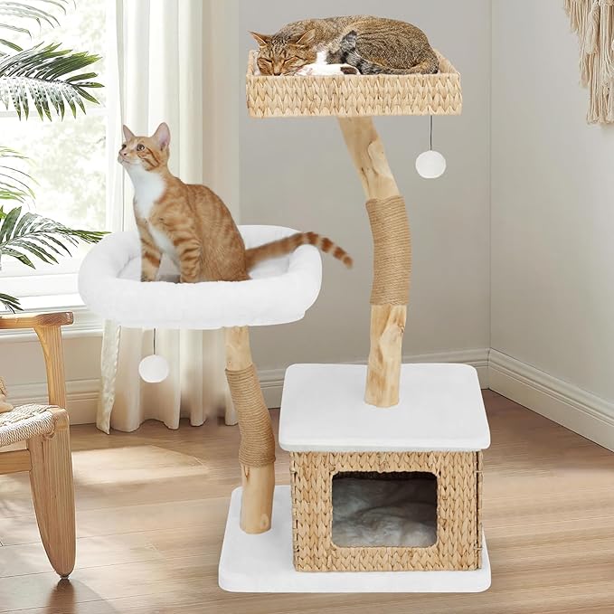 Modern Cat Tree Tower for Indoor Cats - Multi-Level Solid Wood Cat Condo w/Caves, 2 Large Perches, Scratching Posts, Hanging Toy for Large Cats Adult - Luxury Boho Pet Furniture