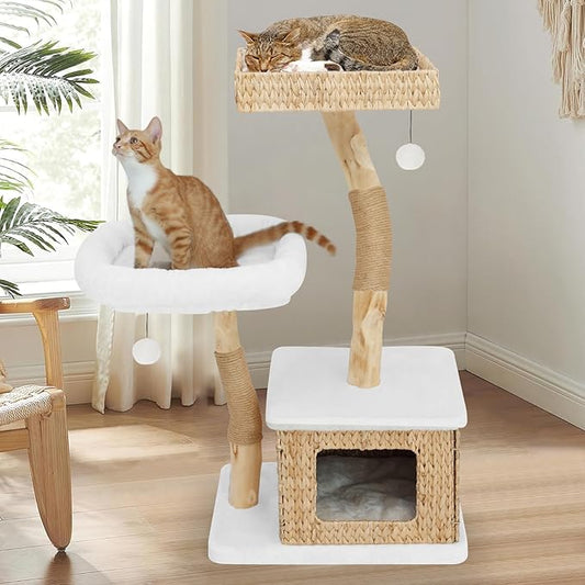 Modern Cat Tree Tower for Indoor Cats - Multi-Level Solid Wood Cat Condo w/Caves, 2 Large Perches, Scratching Posts, Hanging Toy for Large Cats Adult - Luxury Boho Pet Furniture