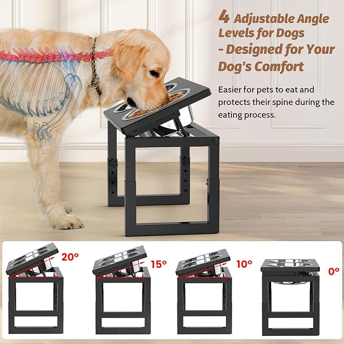 Elevated Dog Bowls Black, 4 Height & Angle Adjustable Raised Dog Bowl Stand, Elevated Dogs Bowl Station for Medium Sized, Sturdy Bamboo Dogs Feeding Station with 2 Stainless Steel Dishes (48oz/6cup)
