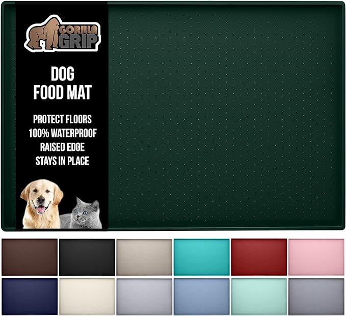 GORILLA GRIP 100% Waterproof Raised Edge BPA Free Silicone Pet Feeding Mat, Dog Cat Food Mats Contain Spills Protects Floors, Placemats for Cats and Dogs Water Bowl, Pets Accessories 18.5x11.5 Green