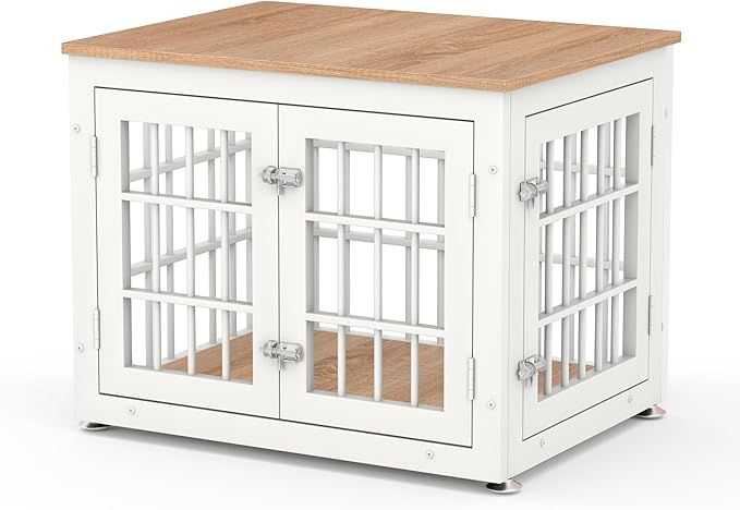 26 Inch Heavy Duty Dog Crate Furniture for Small Dogs, Decorative Pet House End Table, Wooden Cage Kennel Furniture Indoor, White and Natural