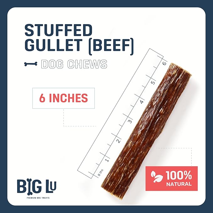 Big Lu - 6-Inch Stuffed Gullet Sticks, 10 Count, Premium Beef Dog Treats, All-Natural, High-Protein, Easily Digestible Chews for Dogs, Supports Dental Health and Joint Mobility