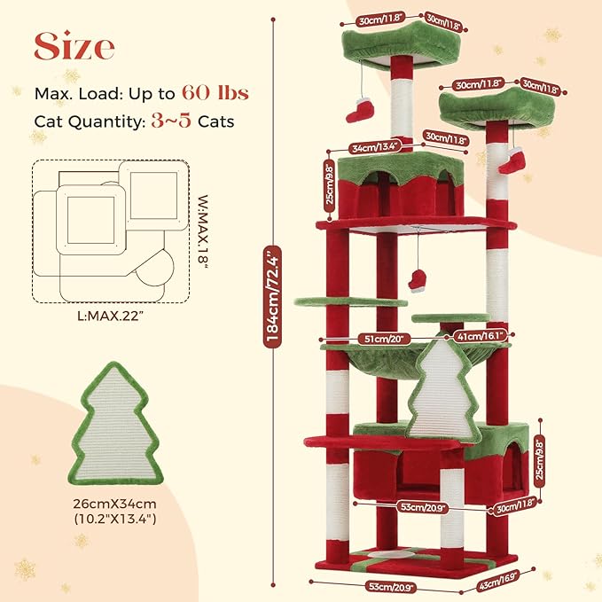 PAWZ Road Christmas Cat Tree, 72 Inches Tall Cat Tower with 2 Perches, 2 Condos and Spacious Hammock, Attractive Cat House with Xmas Tree Scratcher, 7 Scratching Posts for Large Cats