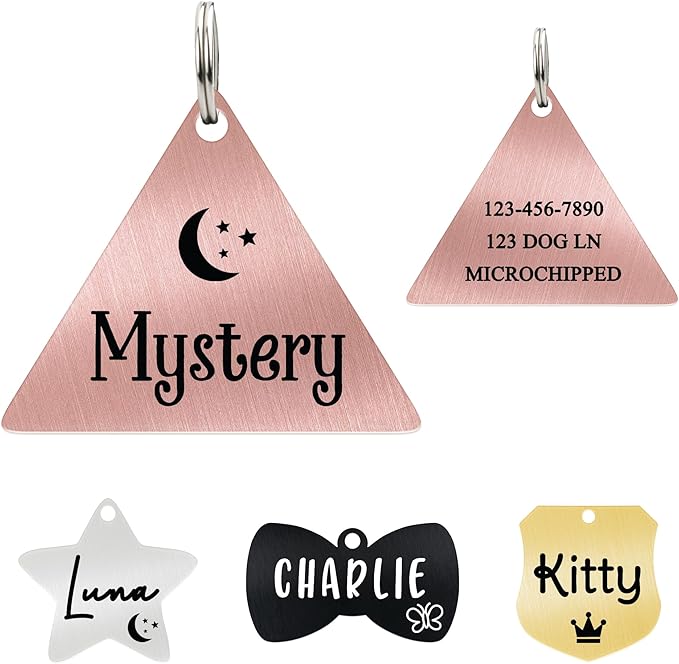 Ultra Joys Personalized Cat Collar Name Tag Small Pet ID Tags for Cats - Customized Mini Cute Dog Cat ID Tag - Bothside Engravable Lightweight Durable Stainless Steel - Triangle Tag in Rose Gold