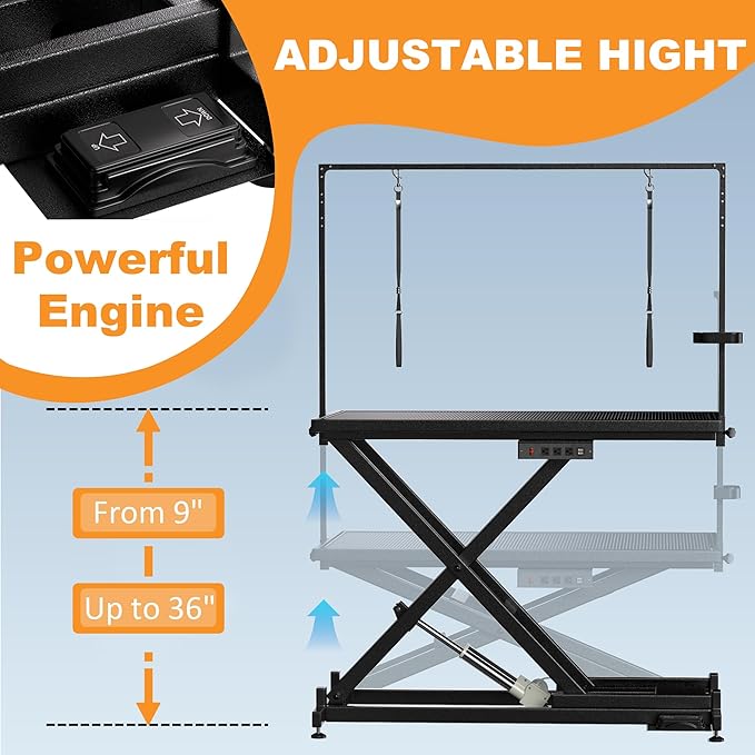Professional Electric Lift Dog Grooming Table, 50 Inch Heavy Duty Pet Grooming Station with Roller, Adjustable Overhead Arms and Tool Organizer Suitable for Home and Commercial Use