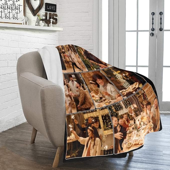 Custom Blanket with Photo, Customized Blankets with Pictures for Kids Friends Family MOM DAD, Personalized Souvenir Throws for Birthday Wedding Get Together, 7 Collage