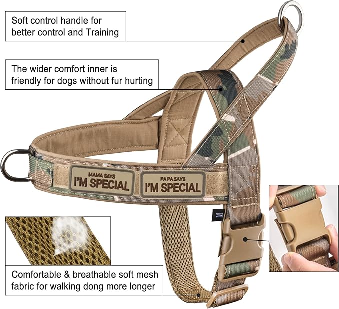 No Pull Dog Harness for Small Medium Large Sized Dogs, Escape Proof Adjustable Dog Harnesses with 2 Patch, Green Camo, L