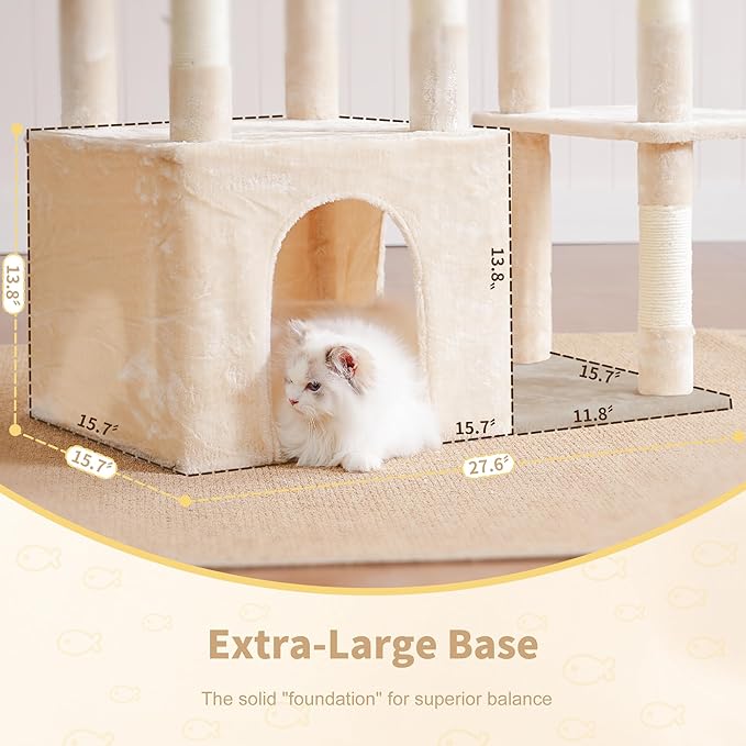Heybly Heavy Duty Cat Tree, Tower for Indoor Cats Large Adult, Tall Cat Condo House with Extra-Large Baseboard, Multi-Level Plush Furniture with Scratching Posts, Hammock,Toy Balls, Beige HCT026M