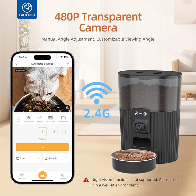 PAPIFEED Automatic Cat Feeder with Camera, ‌Adjustable Angle 2.4G WiFi Pet Feeder，3.5L/15 Cup Timed Dispenser,Timed Feeder for Remote Feeding with Stainless Steel Bowl up to 10 Meals Per Day with APP