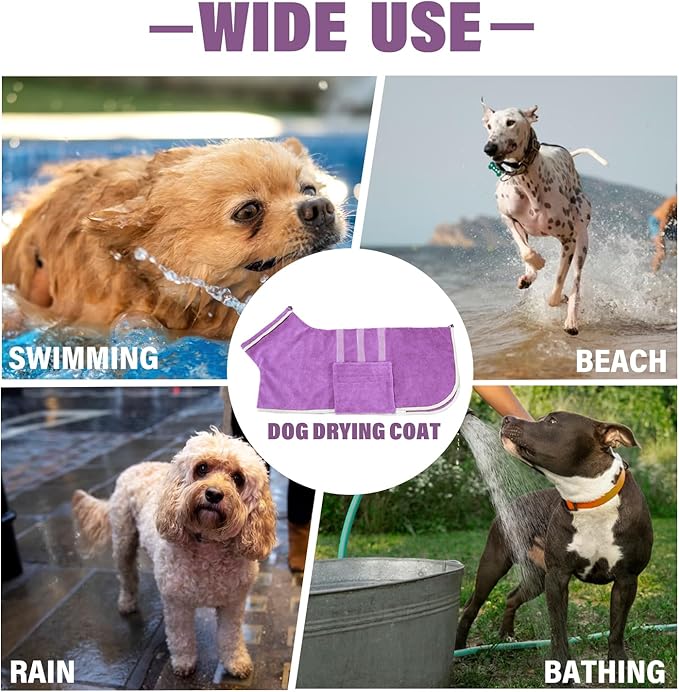 Dog Robe - Fast Drying Towel - Microfiber Super Absorbent Pet Bathrobe, Adjustable Collar & Belly Strap (Purple, Medium)
