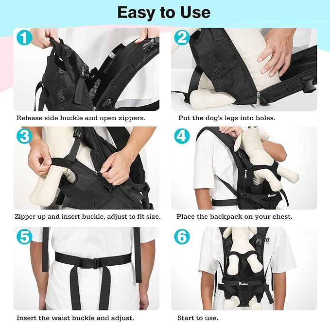Pawaboo Pet Dog Front Carrier Backpacks, Legs Out Pet Carrier Backpack for Dogs, Adjustable Easy-fit Dog Chest Carriers for Small Medium Dogs Hands Free for Travel Hiking Cycling Camping, L, Black