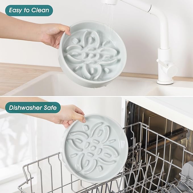 vancasso Ceramic Slow Feeder Dog Bowls, Puzzle Dog Food Bowls with Floral Maze, Anti -Slip Pet Food Dish for Large Breed, 3 Cups, Grayish Cyan