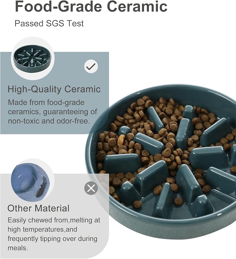 Ceramic Maze Dog Slow Feeder with Non-Slip Silicone Rim (& Bamboo Stand) – Heavy-Duty Stoneware Bowl with Puzzle Pattern for Bloating & Obesity Prevention (Raised-Blue-M)