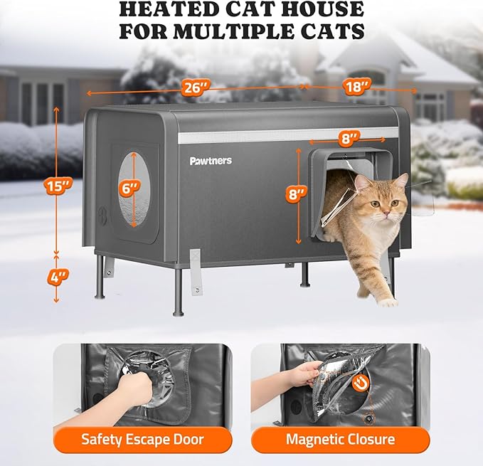 Pawtners Heated Outdoor Cat House for Outside Cats, 26'' XL Insulated Weatherproof Cat Shelter with Heated Pad, Elevated Feet & Escape Door, Warm Kitty House for Feral or Stray Cats in Winter
