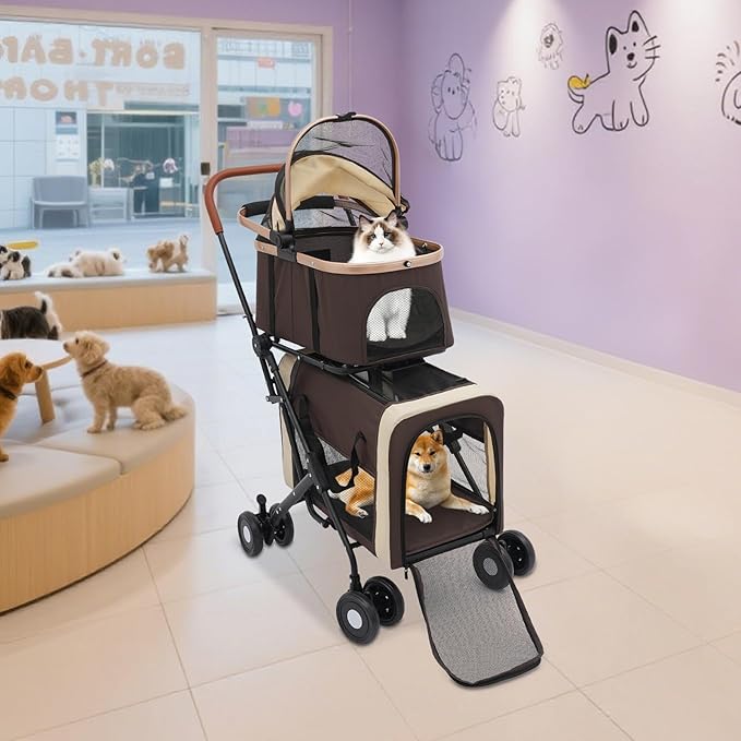 Double Pet Stroller for Small Medium Dogs & Cats, 3 In1 Detachable Pet Strollers with 2 Carriers and 360° Wheels, 77 Lbs Capacity Outdoor Cat Dog Carts Lightweight (Coffee Color)