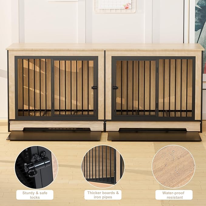 Furniture Dog Crate for Large Dogs, 75" Double Door Heavy Duty Dog Kennel with Removable Divider, XXL Wooden Dog Crate TV Stand, End Table, Pet Crate Cabinet for Home Decor