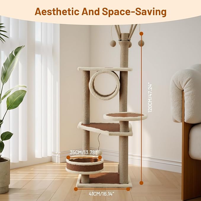 Modern Rattan Cat Tree House Condo Tall Heavy Duty Cat Climbing Tower with Scratching Post,Basket,Bed,and Stand for Indoor Large Adult Cat