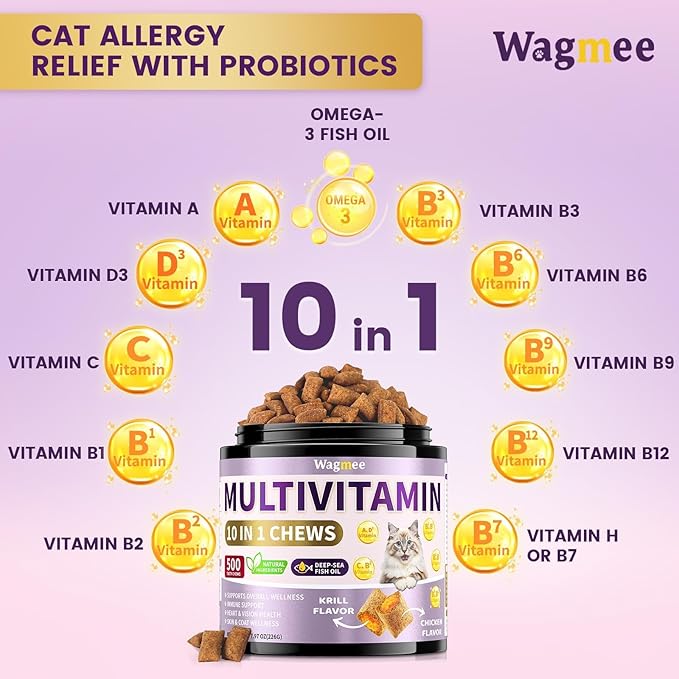Cat Multivitamin with Fish Oil, 500 Crunchy & Creamy Chews - 10 In 1 Vitamins Supports Energy, Bone, Joint, Skin & Coat Health - with Omega 3s, Taurine, Biotin for Cat All Breeds & Ages - Krill Flavor