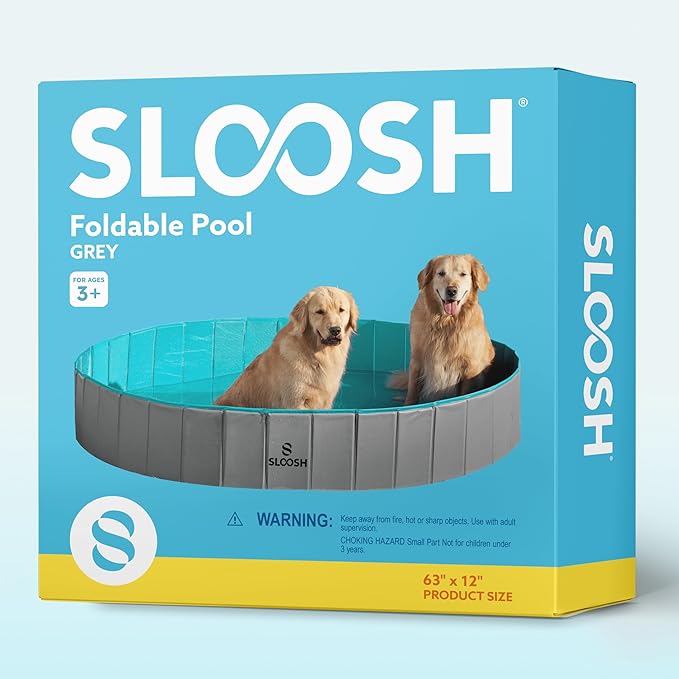 SLOOSH Foldable Dog Kiddie Pool - Portable Hard Plastic Doggie Swimming Pool, Anti-Slip Collapsible Pets Bath Tub Suitable for Kids Toddler Indoor Outdoor Backyard Use (Gray, 63" x 12")