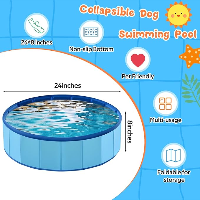 Chunful Foldable Dog Pool with Storage Bag, 24 x 8 Pet Swimming Pool Hard Plastic Portable Bath Tub for Dogs, Cats, Backyard, Beach, and Summer Play, Indoor & Outdoor Use (Blue)