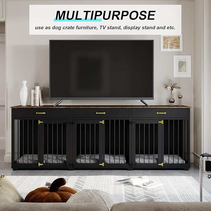 Dog Crate Furniture - Indoor Wooden Dog Kennel Crate Furniture with 2 Dividers, 3 Drawers, and 3 Lockable Doors - 95"x23.6"x31.5"H, Black