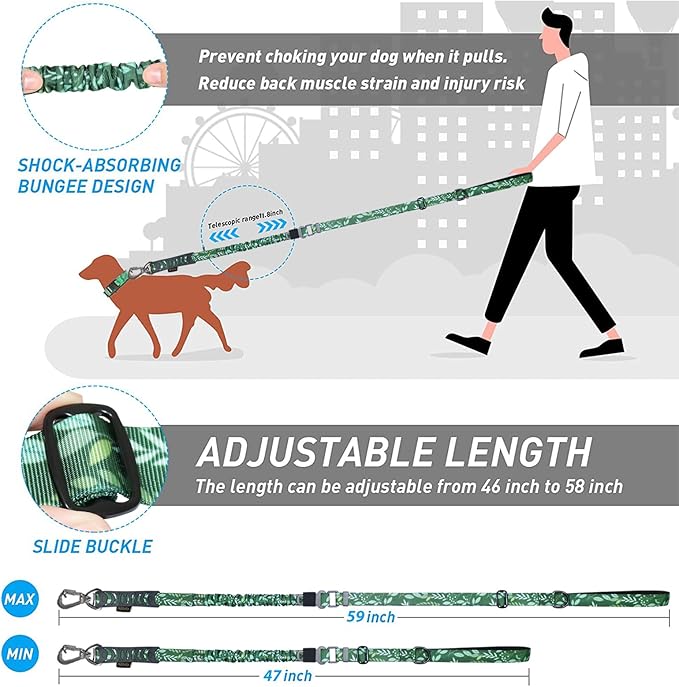 Hotsky Tactical Dog Leash Heavy Duty for Medium Large Dogs That Pull,4-6Ft Strong Bungee Shock Absorbing No Pull Dog Leash with Padded Double Handle and Car Seatbelt,Leaves