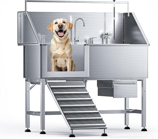 Professional 56" Dog Washing Station, 304 Stainless Steel Dog Bathing Station, Height Adjustable Dog Grooming Tub w/Ramp, Storage Drawer, Dog Bathtub for Large, Medium&Small Dogs (Left Ramp)