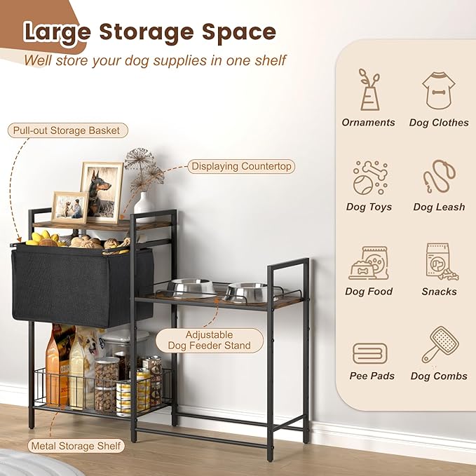 Elevated Dog Feeding Station, Stand with Toy Bin, Food & Water Bowl, Lifted Dog Bowl Holder Cabinet with Pet Storage Organizer for XLarge & Medium Dogs