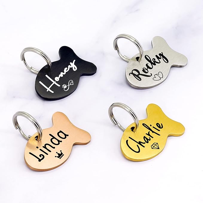 Ultra Joys Cat ID Tag Personalized Pet Tags, Durable Stainless Steel Small Pet Mini Dog Cat Tag Lightweight -Fish Tag in Gold