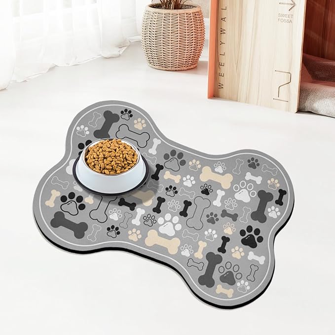 Dog & Cat Food Mat Bone Shaped Pet Feeding Mat Quick Absorb Water Bowl Placemat with Rubber Backing Indoor Floor Stain Resistant Pet Accessory Supplies (Gray, 12x18 Inches)