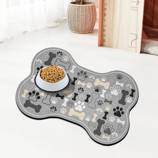 Dog & Cat Food Mat Bone Shaped Pet Feeding Mat Quick Absorb Water Bowl Placemat with Rubber Backing Indoor Floor Stain Resistant Pet Accessory Supplies (Gray, 12x18 Inches)