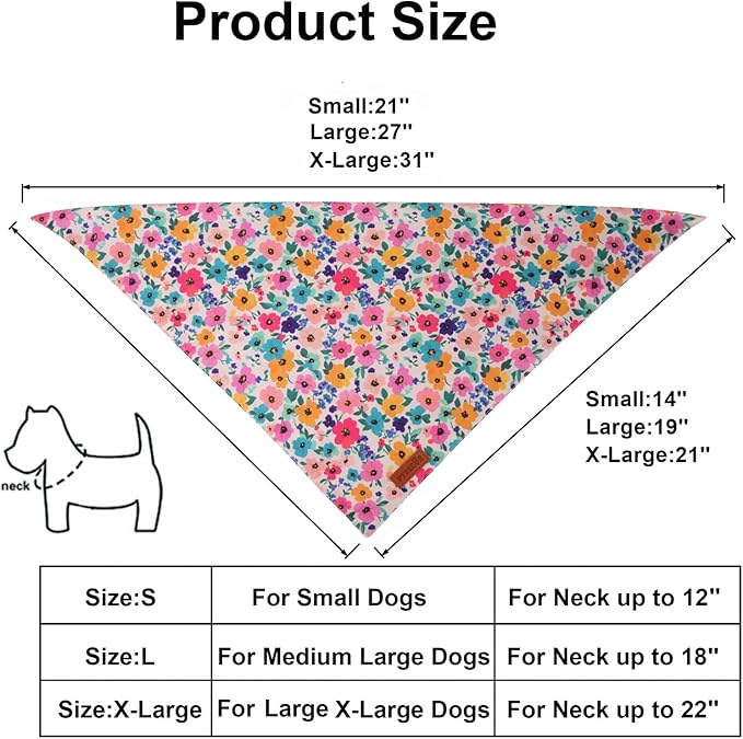 PTDECOR Floral Dog Bandana, Flower Reversible Pets Scarf, Premium Durable Fabric, Adjustable Pink Green Bandanas for Extra Large Dogs (X-Large)