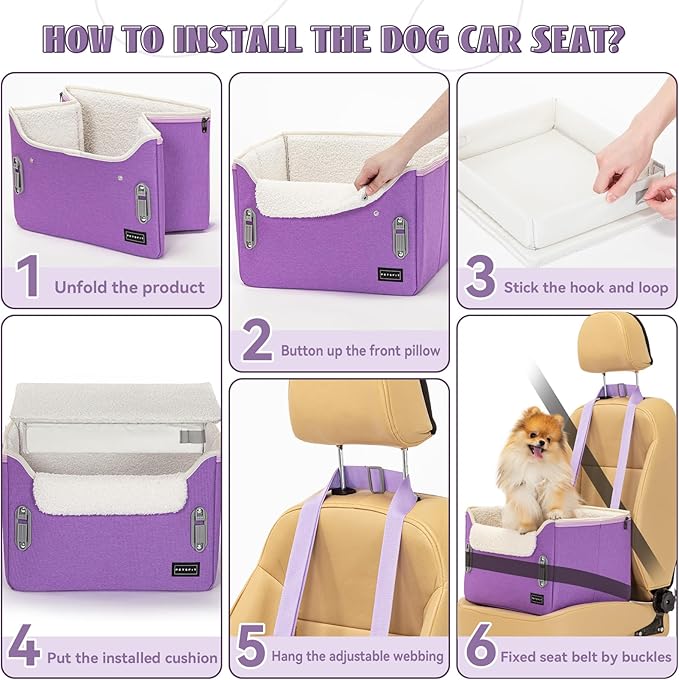 PETSFIT Small Dog Car Seat – Patented Safety Buckles – Safety Tether – Foldable Travel Dog Booster Car Seat Reduces Anxiety & Road Trips – Stable Frame, Soft Cushion, Fits Front/Back Seat (Purple)