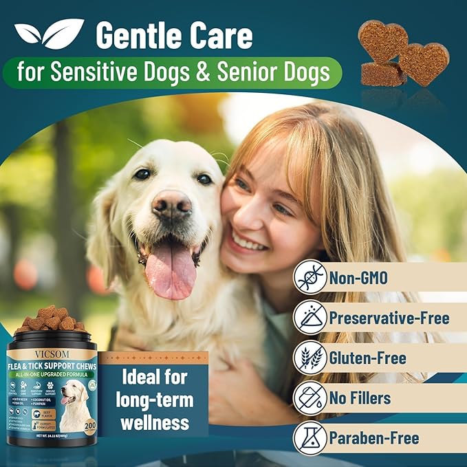 Flea and Tick Prevention for Dogs Chewable, 200 Soft Treats Natural Oral Dog Flea and Tick Treatment Chews Support Dog Skin & Digestive Supplement for Dogs Puppies All Breeds & Ages, Beef Flavor
