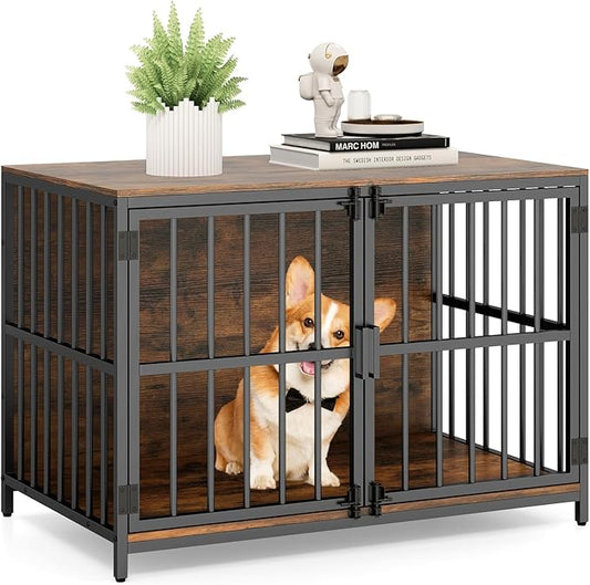 PETSITE 40 Inch Modern Dog Crate Furniture, Heavy Duty Wooden Dog Kennel with Double Lockable Doors, Decorative Dog Cage End Side Table for Small and Medium Sized Dogs (Rustic Brown)