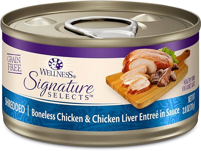 Wellness Signature Grain Free Wet Cat Food Variety - 4 Flavors Pack (12 Cans) with Lid: Chicken, Liver, Salmon & Turkey (2.82oz)