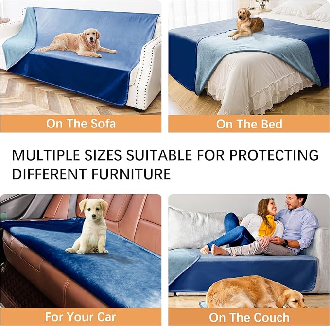 Waterproof Dog Blankets, Washable Pee Proof Pet Blanket for Couch, Soft Reversible Puppy Throw Furniture Protector Cover for Bed Sofa-52"x82",Navy Blue+Stone Blue