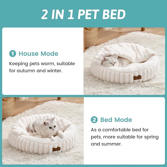 Cat Bed with Hooded Blanket, Round Fluffy Anti-Anxiety Pet Bed for Cats/Toy Breed Dogs, Cozy Donut Cuddler with Machine Washable Faux Fur & Anti-Slip Bottom(20"×20"×6",Cream)