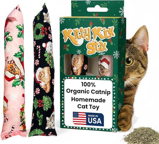 Kitty Kick Stix 11" Catnip Kicker Toy – Set of 2 | Handmade in USA | Interactive Cat & Kitten Toy | Packed with 100% Potent Catnip for All Breeds (Holiday (Set of 2))